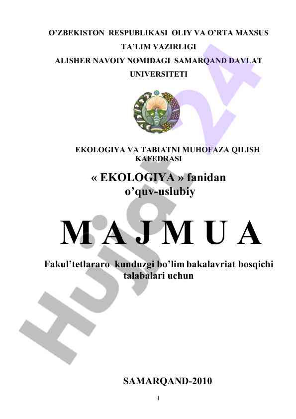 Ekologiya fanidan o‘quv-uslubiy majmua