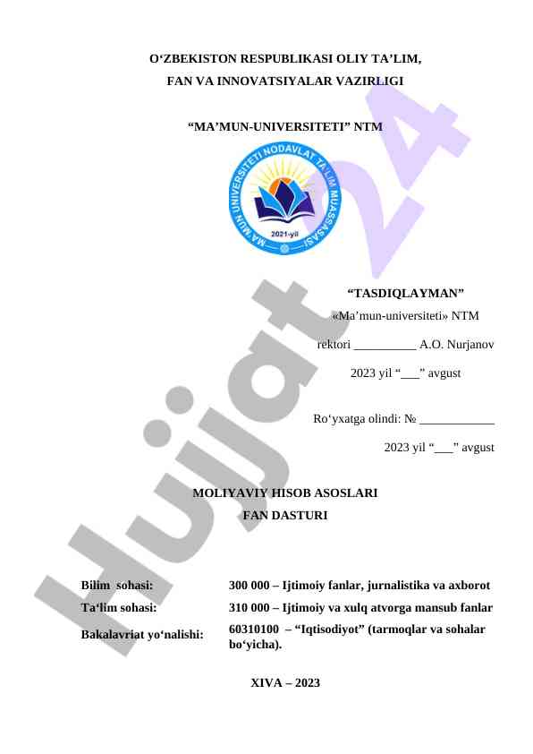 Moliya hisob asoslari fan dasturi 2023