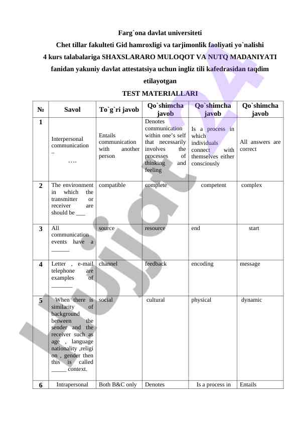 Ingliz tili kafedrasidan test materiallari