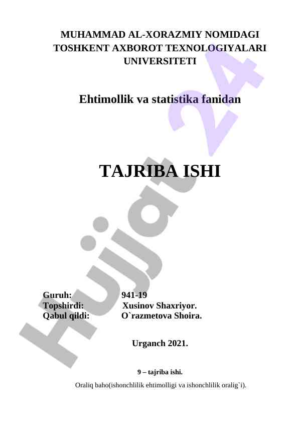 Ehtimollik va statistika fanidan tajriba ishi