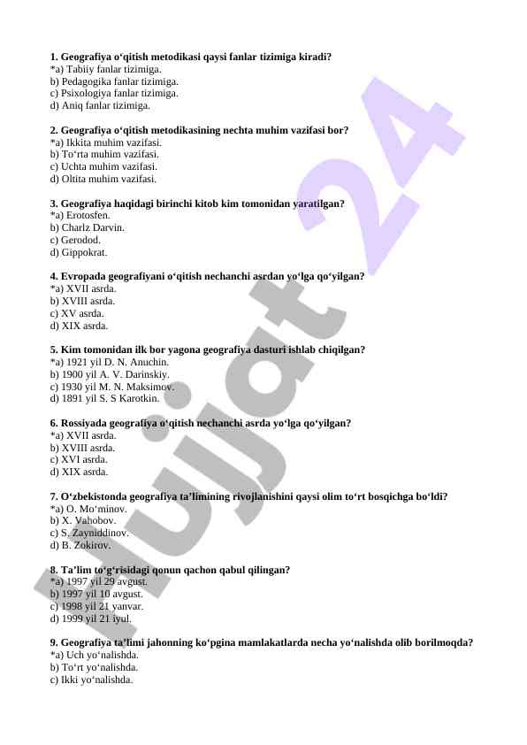 Geografiya o‘qitish metodikasi to‘g‘risidagi test savollari