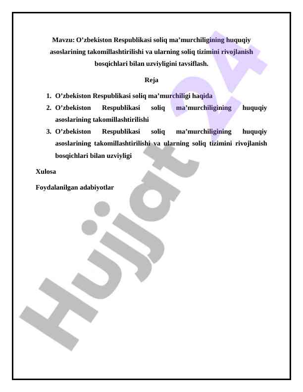 O’zbekiston respublikasi soliq ma’murchiligi va takomillashtirish
