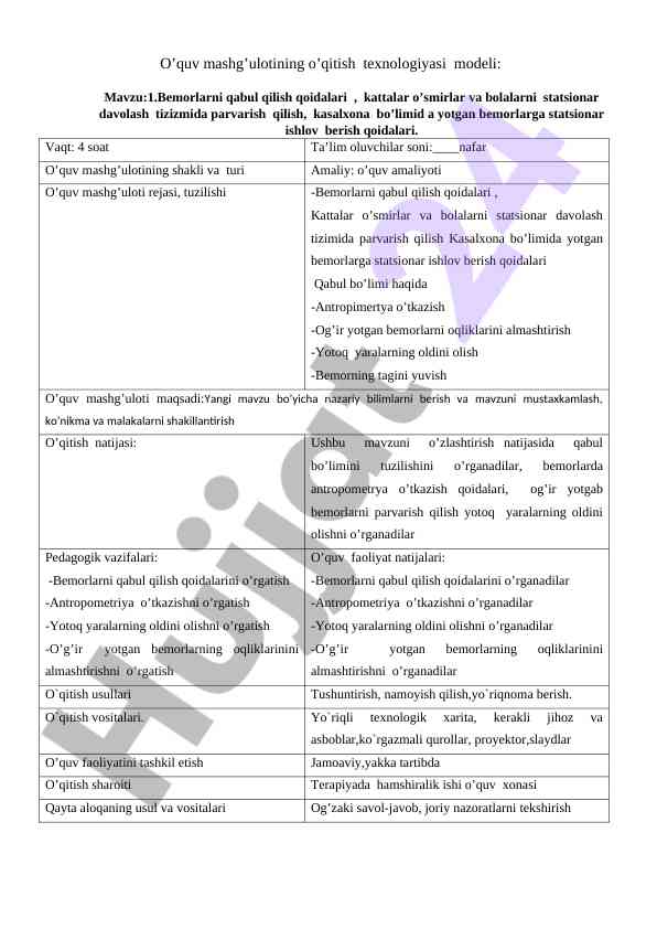 O’quv mashg’ulotining o’qitish texnologiyasi modeli