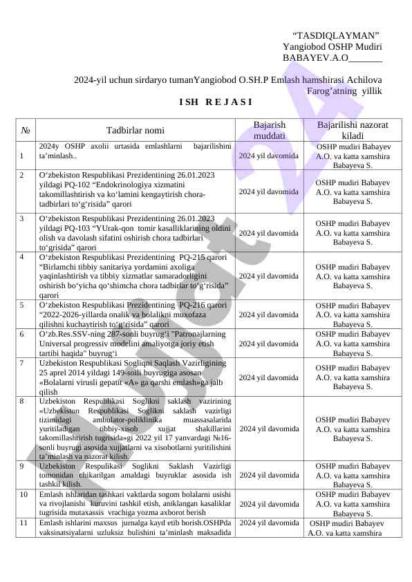 Yangiobod oshp emlash xamshiralari rejalari 2024