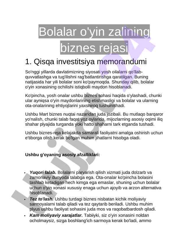 Bolalar o'yin zali uchun biznes rejasi