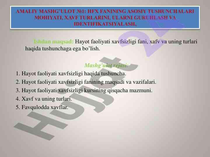 Hayot faoliyati xavfsizligi fanining asosiy tushunchalari