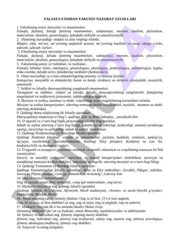 Falsafa fanidan yakuniy nazorat savollari