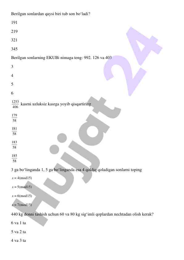 Matematik testlar va masalalar tahlili