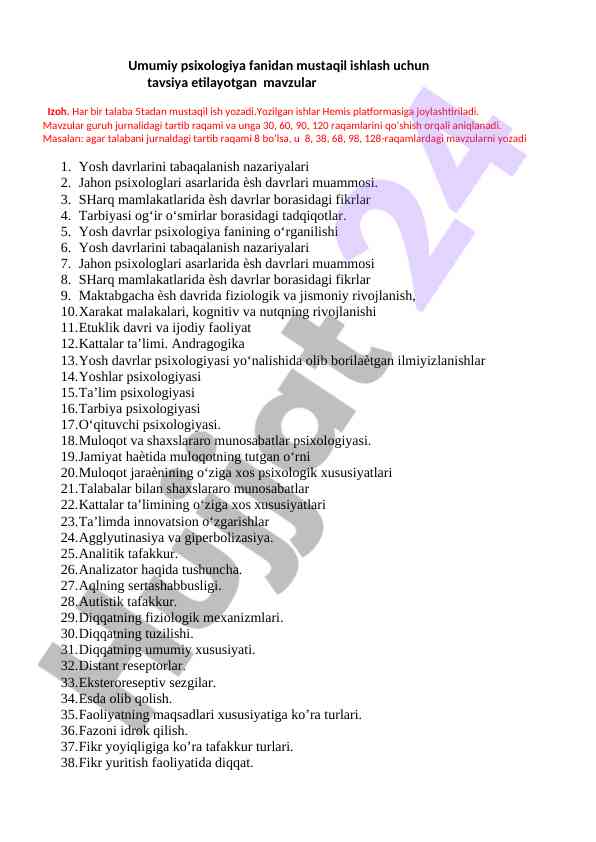 Umumiy psixologiya fanidan mustaqil ishlar mavzulari