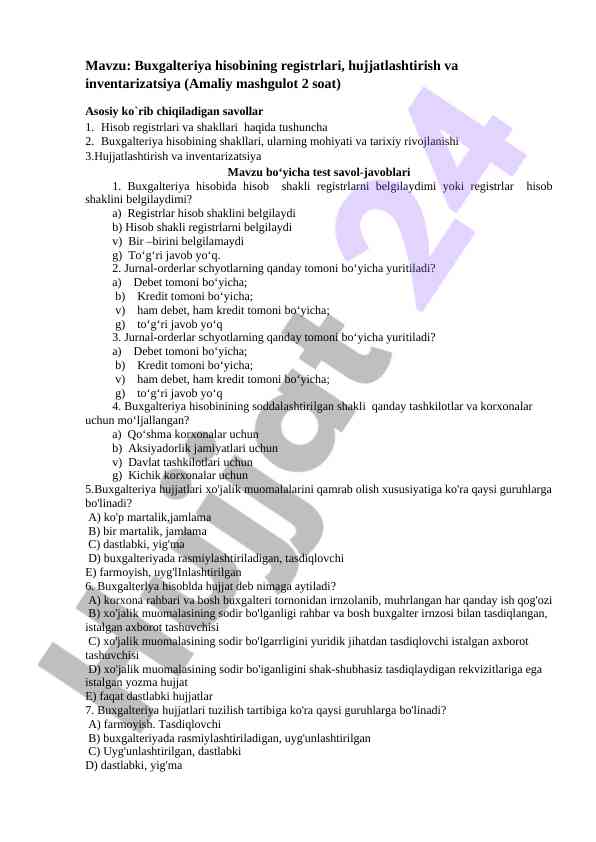 Buxgalteriya hisobining registrlari va inventarizatsiya
