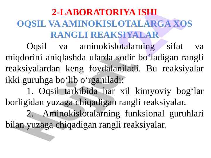 Oqsil va aminokislotalarga xos rangli reaksiyalar