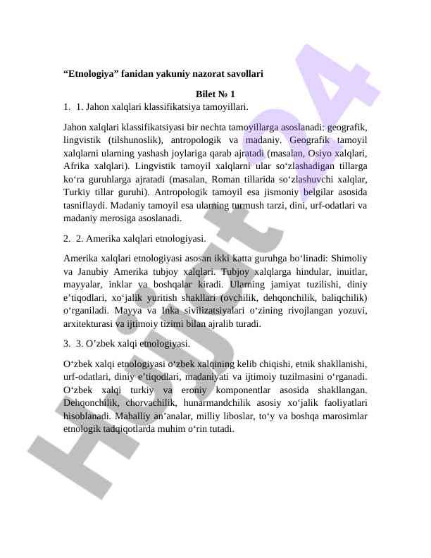 Etnologiya fanidan yakuniy nazorat savollari