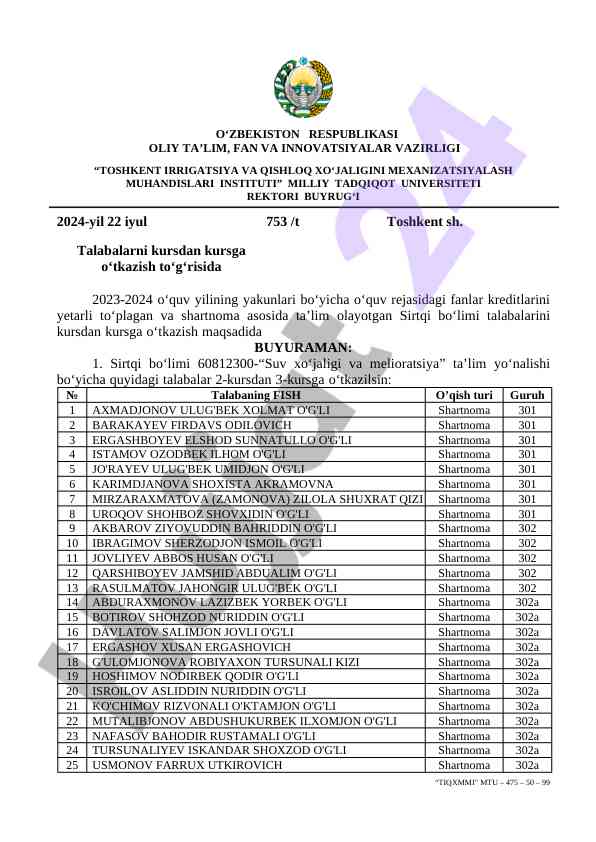 Talabalarni kursdan kursga o‘tkazish buyruqlari 2023-2024