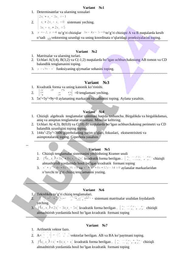 Matematika kursi bo'yicha variantlar va mashqlar
