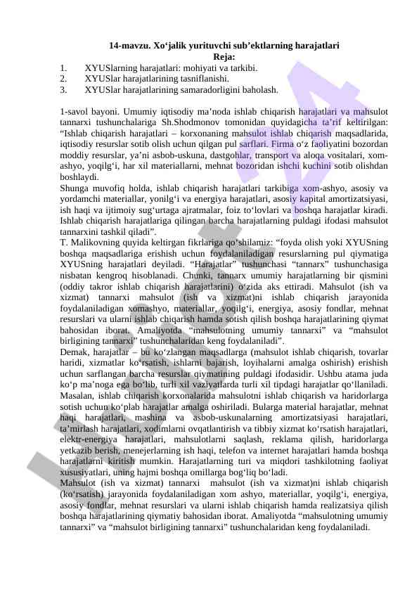 Xo‘jalik yurituvchi sub’ektlarning harajatlari tahlili