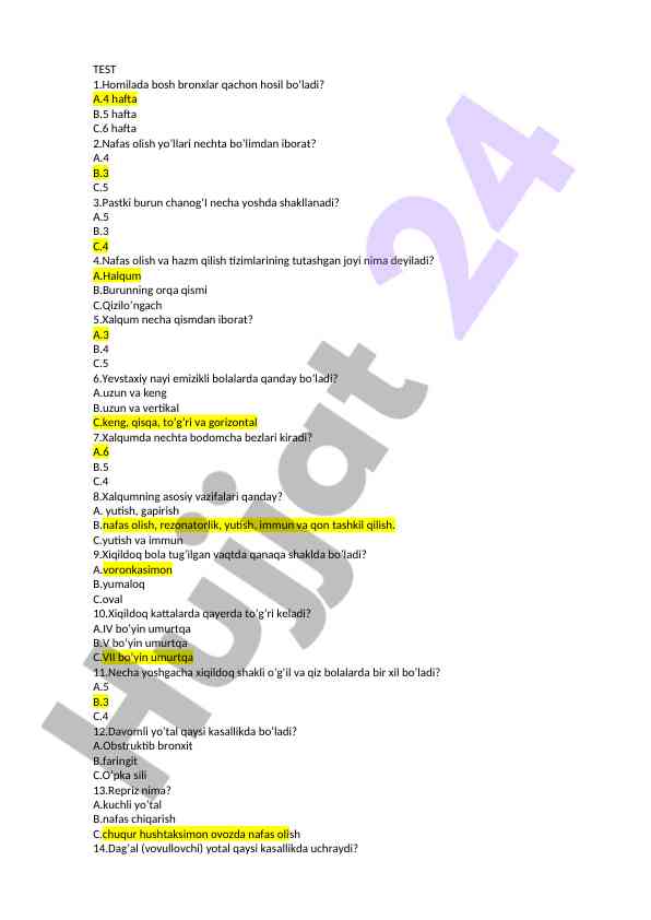 Nafas olish tizimiga doir test savollari