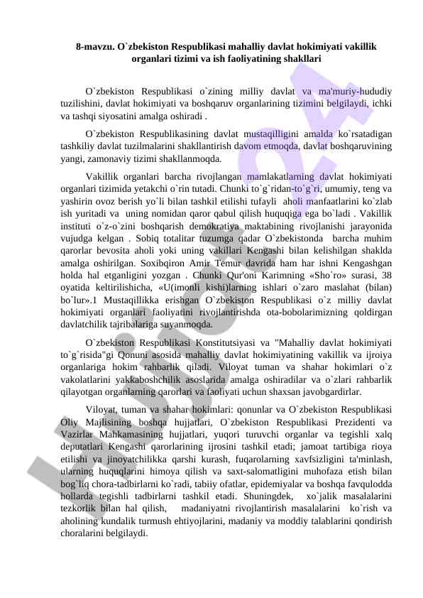 Mahalliy davlat hokimiyati tizimi o‘zbekiston