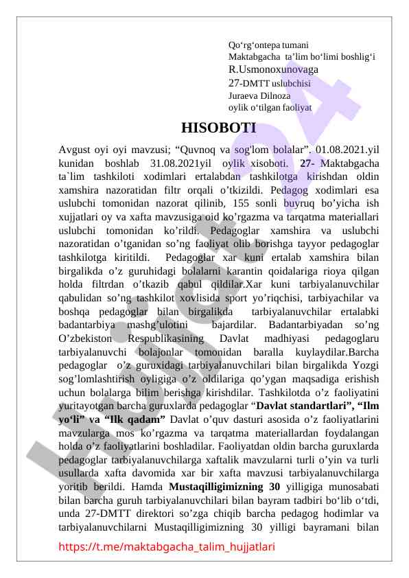 Oylik faoliyat hisoboti: quvnoq va sog'lom bolalar