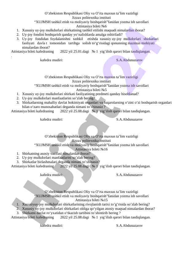 Xujmsh tashkil etish va moliyaviy boshqarish savollari