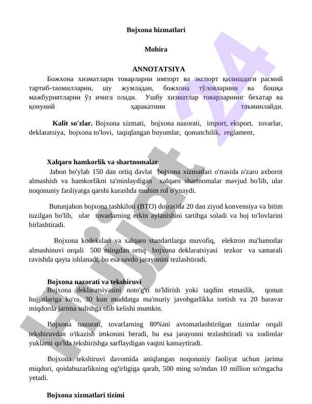 Bojxona hizmatlari va qonuniy tariflar