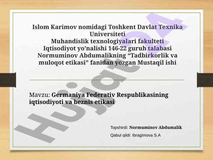 Germaniya federativ respublikasining iqtisodiyoti va etikasi