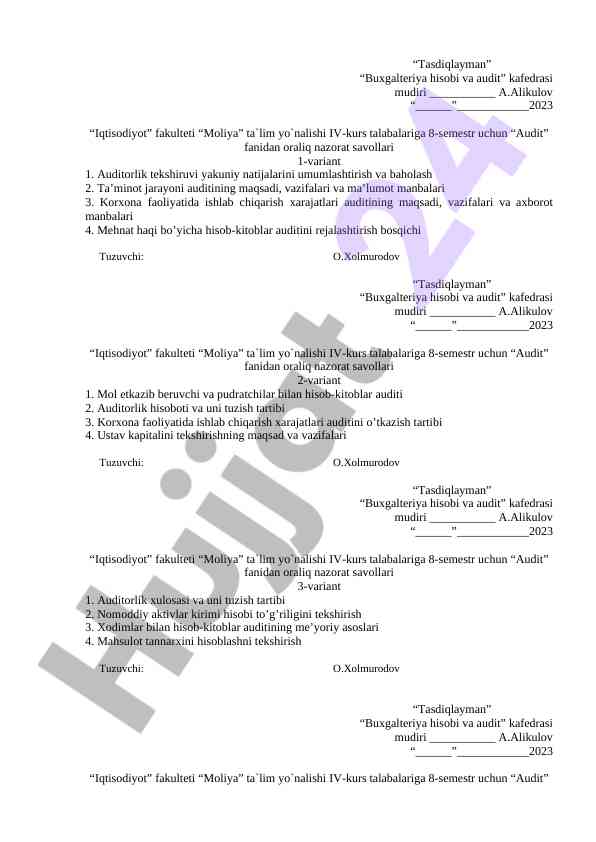 Audit fanidan oraliq nazorat savollari 8-semestr