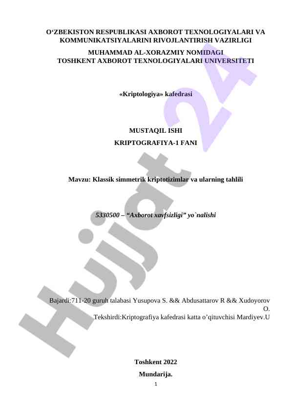 Klassik simmetrik kriptotizimlar va tahlili