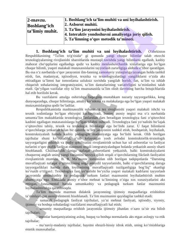 Boshlang’ich ta’lim muhiti va loyihalashtirish