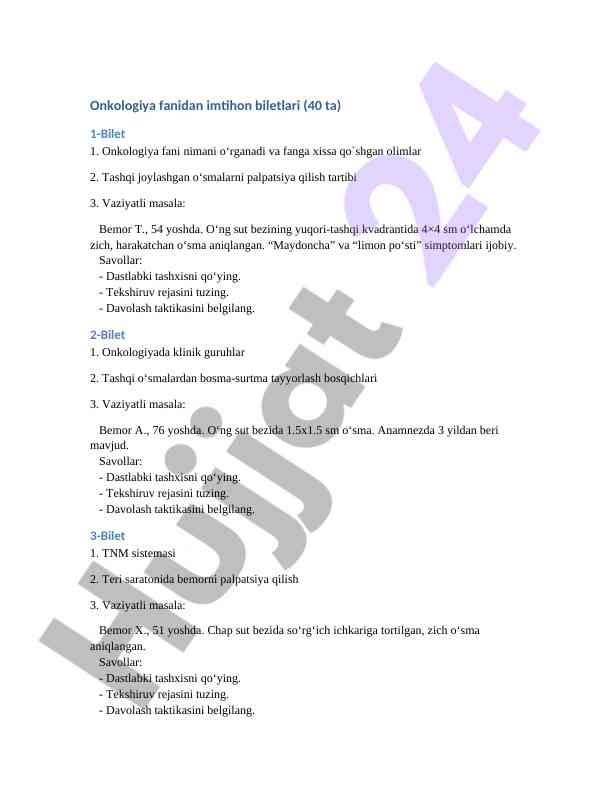 Onkologiya fanidan imtihon biletlarining tahlili