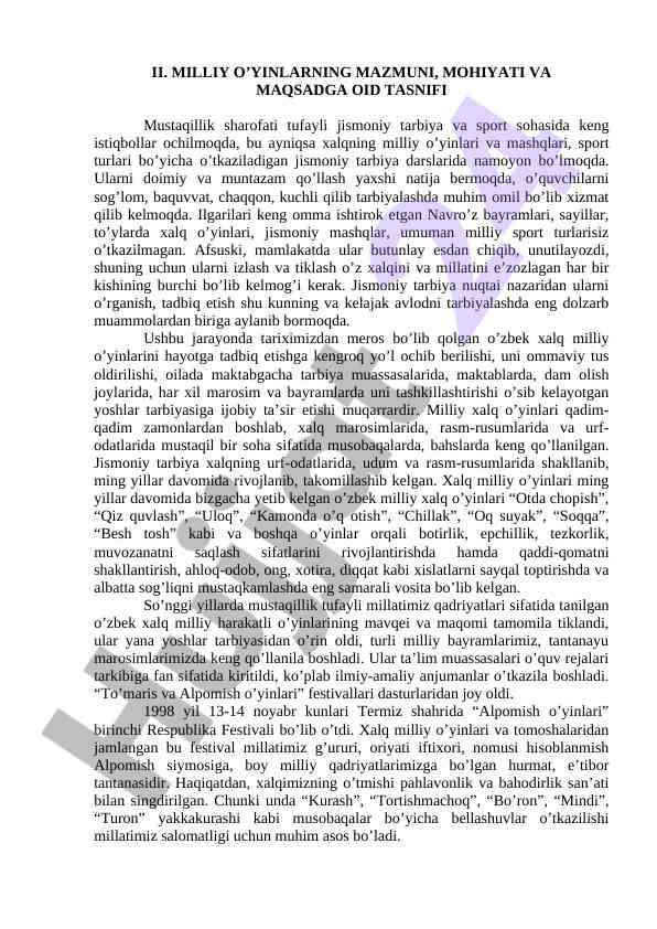 Milliy o'yinlarning mazmuni va maqsadlari o'zbekistonda