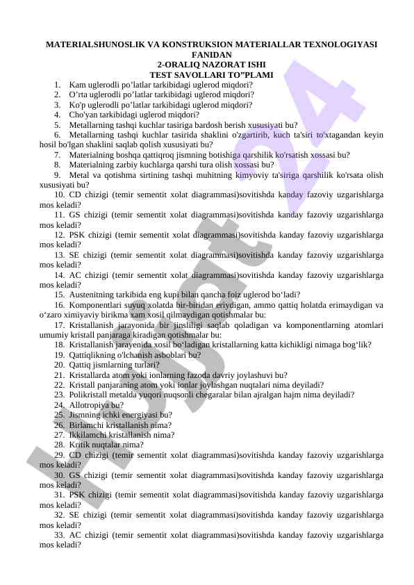 Materialshunoslik va konstruksion materiallar test savollari