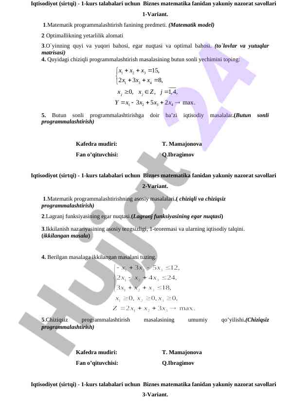 Biznes matematika fanidan yakuniy nazorat savollari