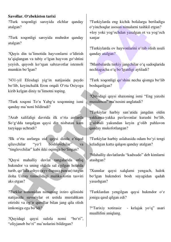 O‘zbekiston tarixi bo‘yicha savollar va javoblar