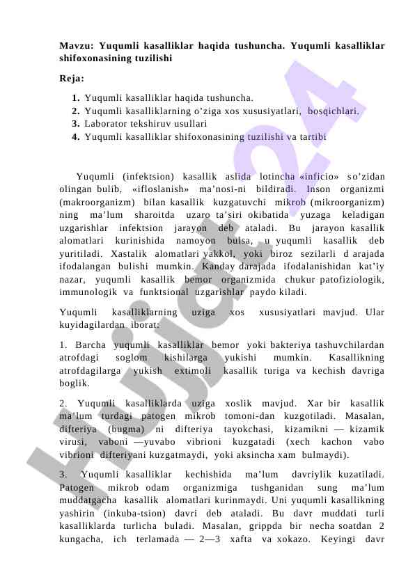 Yuqumli kasalliklar haqida tushuncha va tuzilishi