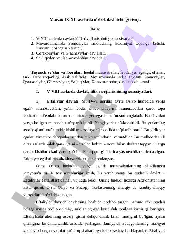 Ix-xii asrlarda o’zbek davlatchiligi rivoji