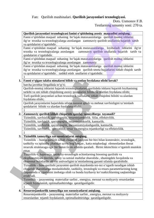 Qurilish mashinalari texnologiyasi testlari