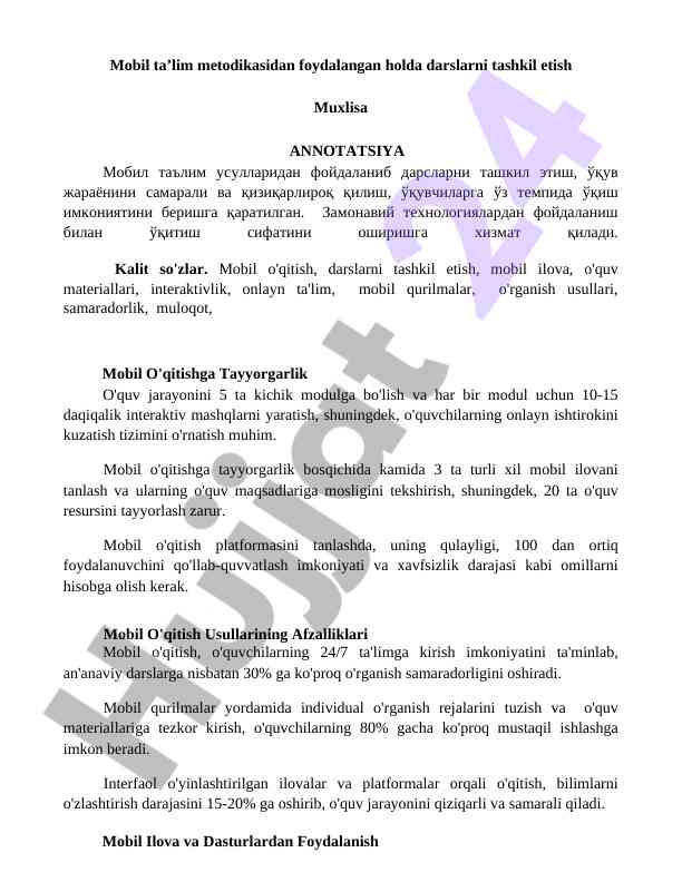 Mobil ta’lim metodikasidan foydalanish bilan darslar