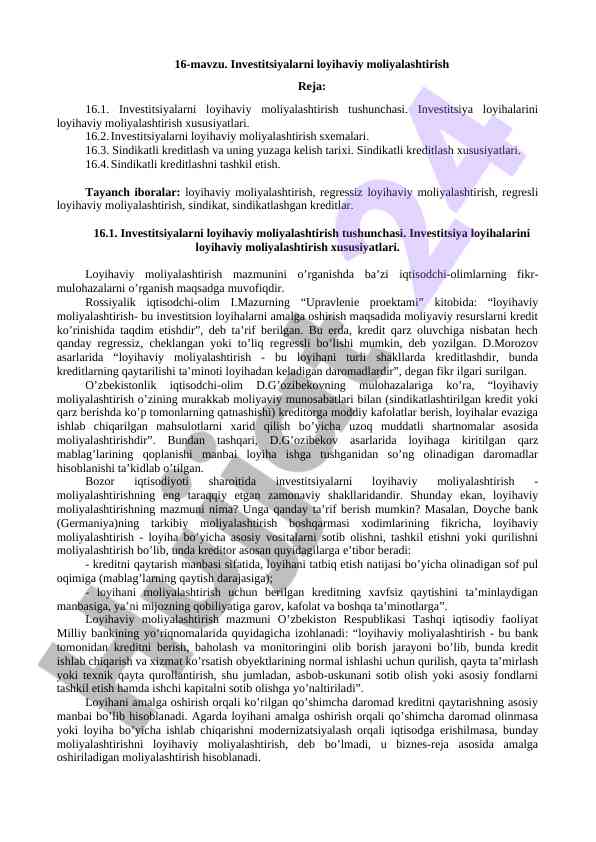 Investitsiyalarni loyihaviy moliyalashtirish tushunchasi