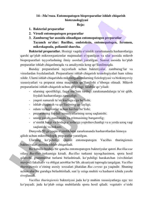 Entomopatogen biopreparatlar ishlab chiqarish biotexnologiyasi