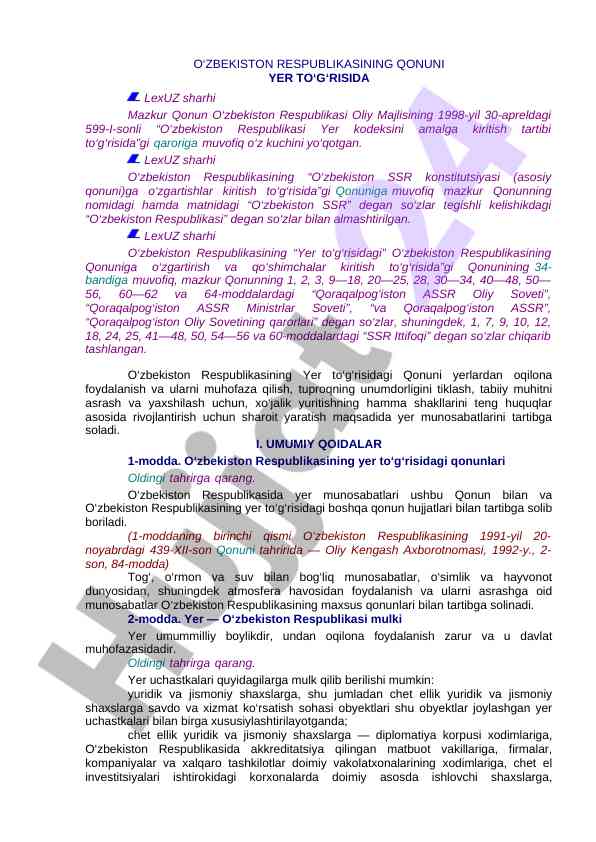 O‘zbekiston qonuni yer to‘g‘risida lexuz sharhi