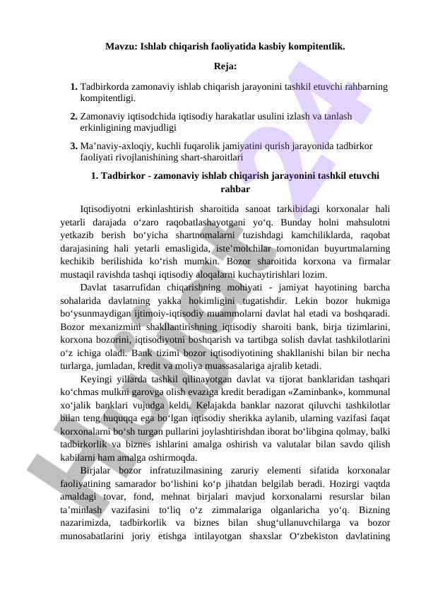 Ishlab chiqarish faoliyatida kasbiy kompitentlik
