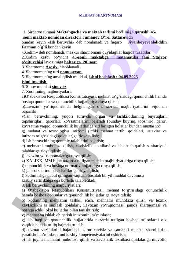 Mehnat shartnomasi tushuntirishiga oydinlik kiritish
