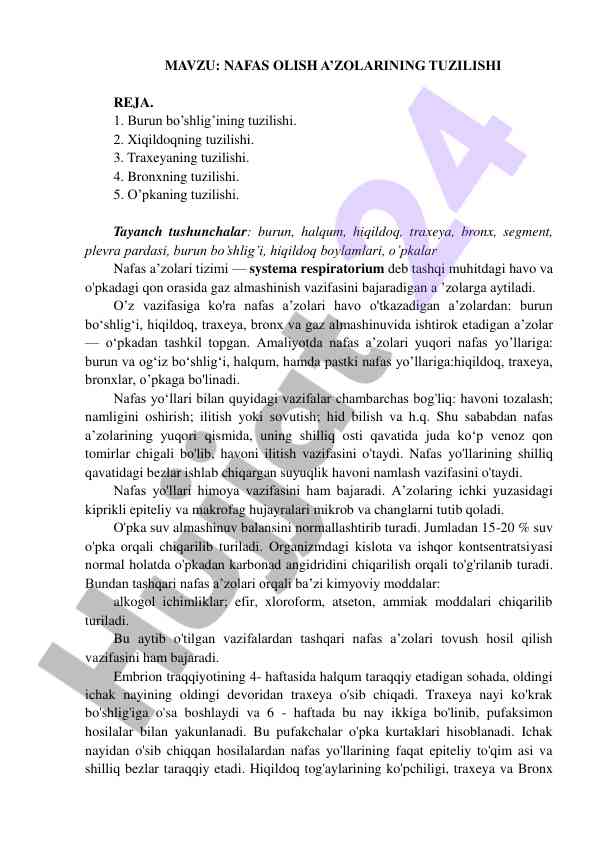 Nafas olish a'zolarining tuzilishi reja
