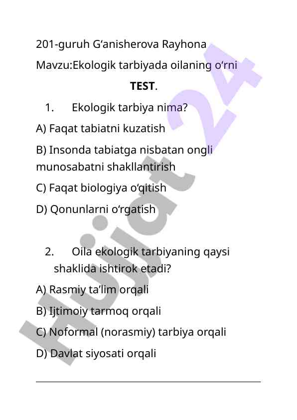Ekologik tarbiya: oilaning o‘rni va test savollari