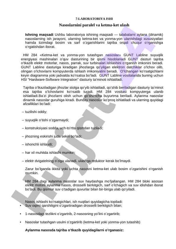 Nasoslarnini paralel va ketma-ket ulash tajribalari