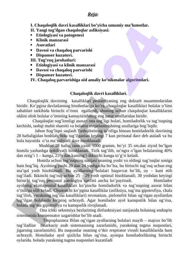 Chaqaloqlik davri kasalliklari bo'yicha ma'lumotlar