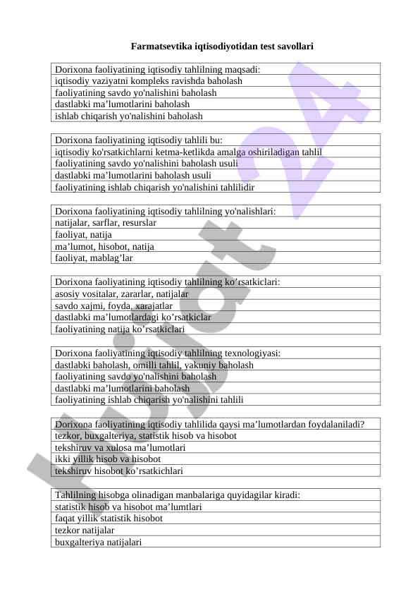 Farmatsevtika iqtisodiyotidan test savollari
