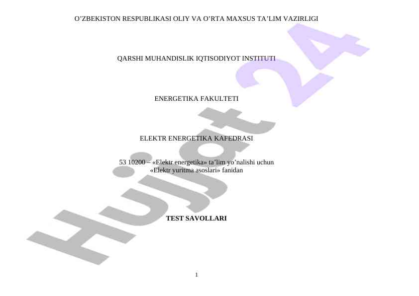 Elektr yuritma asoslari fanidan test savollari