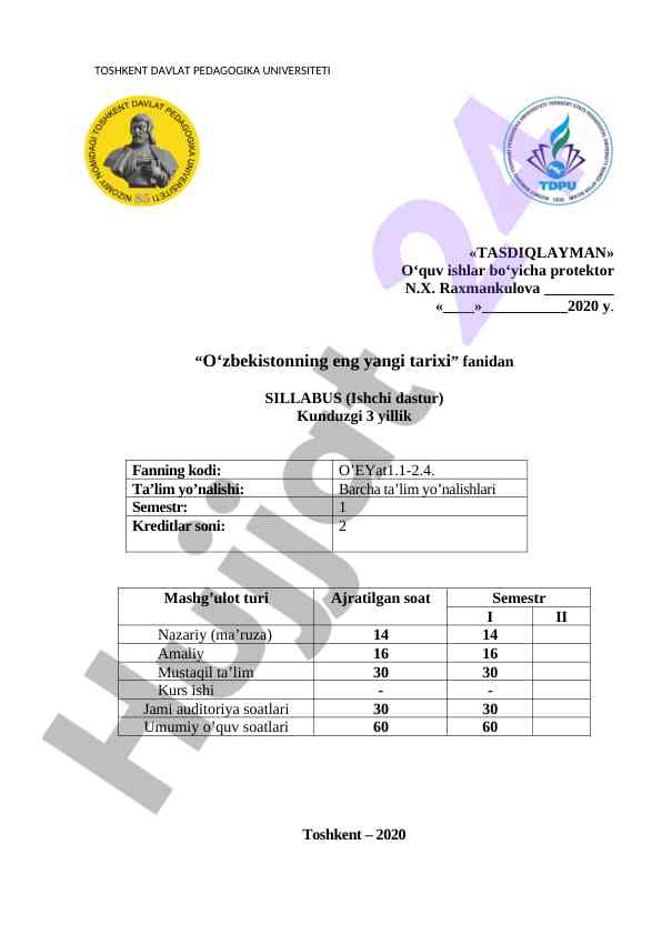 O‘zbekistonning eng yangi tarixi sillabus