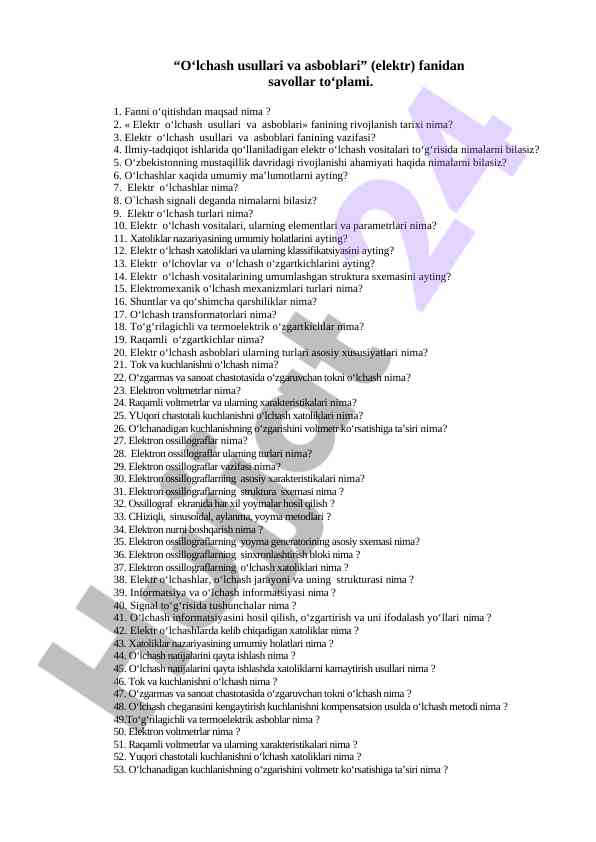 O‘lchash usullari va asboblari savollar to‘plami